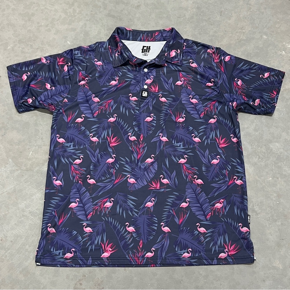 Greater Half GH Polo Shirt Mens Large Purple Pink Flamingos Performance Golfer